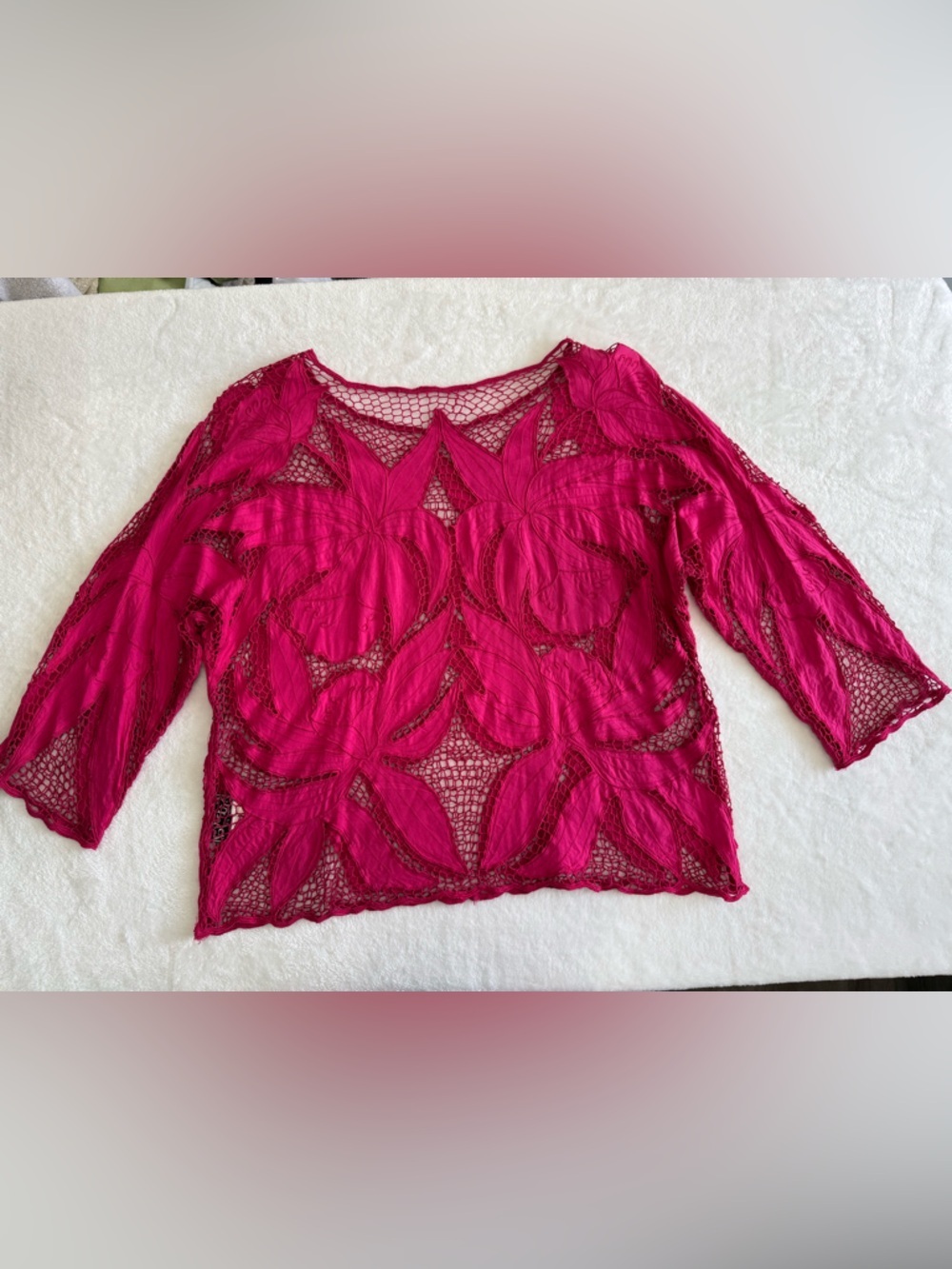 Surya Pink Beaded Sheer Floral Lace Top Boho Y2K Blouse Size L - Picture 6 of 12
